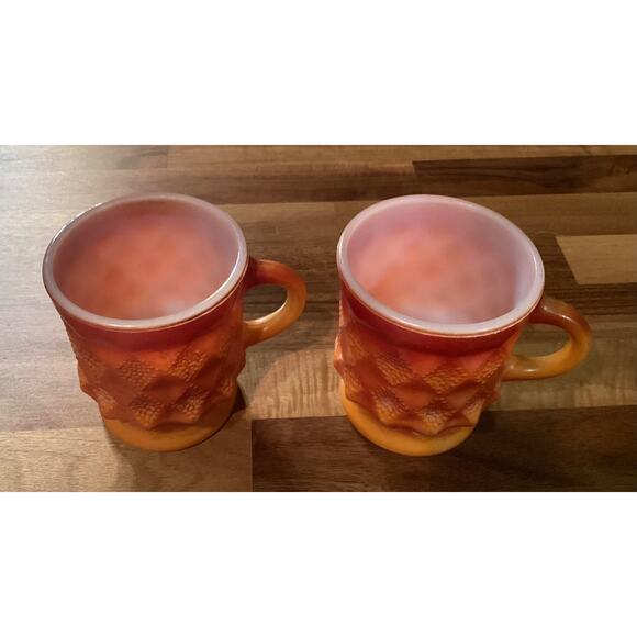 VTG Anchor Hocking Fire King KIMBERLY Textured Diamond Red Orange Ombre Mugs 3.5 - Picture 2 of 10